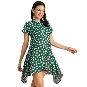 Moomaya Georgette Asimetrik Şık Baskılı Sümüklü Yeşil Kadın Elbise