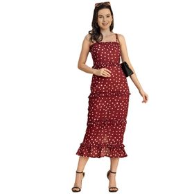 Moomaya Georgette Bodycon Baskılı Zarif Bordo Kadın Elbise