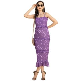 Moomaya Georgette Bodycon Baskılı Zarif Lavanta Kadın Elbise
