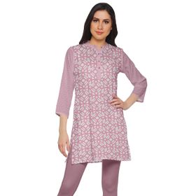 Moomaya Kurti Baskılı Yan Yırtmaçlı Gül Pembesi Kısa Kurta Kadın Tunik