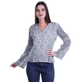 Moomaya Kurti Dantel Detaylı Baskılı Uzun Kollu Açık Lavanta Mavisi Kurta Kadın Tunik