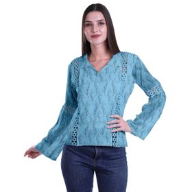 Moomaya Kurti Dantel Detaylı Baskılı Uzun Kollu Açık Mavi Kurta Kadın Tunik