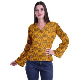 Moomaya Kurti Dantel Detaylı Baskılı Uzun Kollu Hardal Sarısı Kurta Kadın Tunik