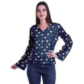 Moomaya Kurti Dantel Detaylı Baskılı Uzun Kollu Lacivert Kurta Kadın Tunik