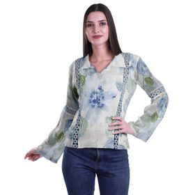Moomaya Kurti Dantel Detaylı Baskılı Uzun Kollu Tozlu Mavi Kurta Kadın Tunik