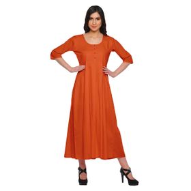 Moomaya Kurti Hint Düz Uzun Koyu Turuncu Kadın Elbise