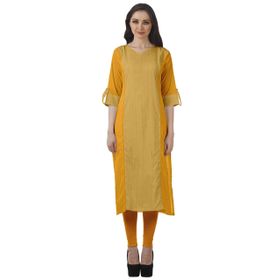 Moomaya Kurtis Baskılı Düz V Yaka Kıvrık Kollu Kurta Hardal Sarısı 3 Kadın Tunik