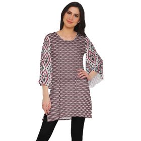 Moomaya Poly Krep Kurtis Baskılı Kimono Kollu Hint Beyaz Kadın Elbise