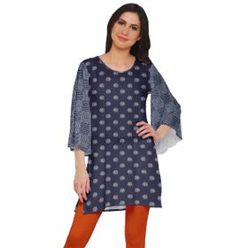 Moomaya Poly Krep Kurtis Baskılı Kimono Kollu Hint Indigo 2 Kadın Elbise