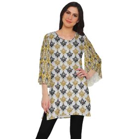 Moomaya Poly Krep Kurtis Baskılı Kimono Kollu Hint Koyu Altın Kadın Elbise