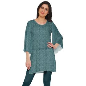 Moomaya Poly Krep Kurtis Baskılı Kimono Kollu Hint Koyu Cam Göbeği Yeşili Kadın Elbise