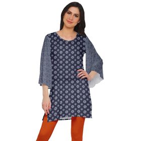 Moomaya Poly Krep Kurtis Baskılı Kimono Kollu Hint Koyu İndigo Kadın Elbise