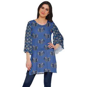 Moomaya Poly Krep Kurtis Baskılı Kimono Kollu Hint Kraliyet Mavisi Kadın Elbise
