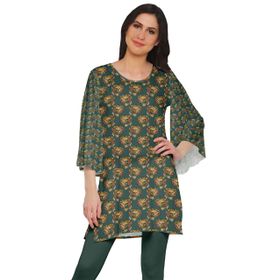 Moomaya Poly Krep Kurtis Baskılı Kimono Kollu Hint Okyanus Mavisi Yeşil Kadın Elbise