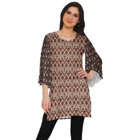 Moomaya Poly Krep Kurtis Baskılı Kimono Kollu Hint Pas Kahverengi 2 Kadın Elbise