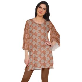 Moomaya Poly Krep Kurtis Baskılı Kimono Kollu Hint Pas Kahverengi 3 Kadın Elbise