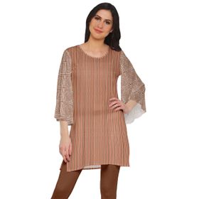Moomaya Poly Krep Kurtis Baskılı Kimono Kollu Hint Pas Kahverengi 4 Kadın Elbise