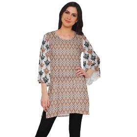 Moomaya Poly Krep Kurtis Baskılı Kimono Kollu Hint Pas Kahverengi Kadın Elbise