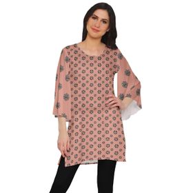 Moomaya Poly Krep Kurtis Baskılı Kimono Kollu Hint Şeftali Kadın Elbise