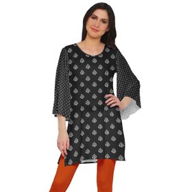 Moomaya Poly Krep Kurtis Baskılı Kimono Kollu Hint Siyah Kadın Elbise