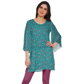 Moomaya Poly Krep Kurtis Baskılı Kimono Kollu Hint Turkuaz Yeşil 2 Kadın Elbise