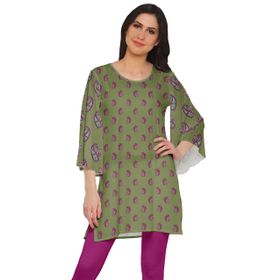Moomaya Poly Krep Kurtis Baskılı Kimono Kollu Hint Yosun Yeşili Kadın Elbise