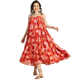 Moomaya Rayon Boho Omuz Askılı Kare Yaka Baskılı Kırmızı Kadın Elbise