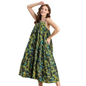 Moomaya Rayon Boho Omuz Askılı Kare Yaka Baskılı Sarı Siyah Kadın Elbise