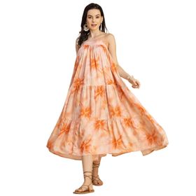 Moomaya Rayon Boho Omuz Askılı Kare Yaka Baskılı Şeftali Kadın Elbise