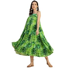 Moomaya Rayon Boho Omuz Askılı Kare Yaka Baskılı Yeşil Kadın Elbise