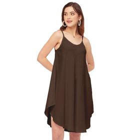 Moomaya Rayon Boho Omuz Askılı Yuvarlak Yaka Asimetrik Kahverengi Kadın Elbise