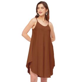 Moomaya Rayon Boho Omuz Askılı Yuvarlak Yaka Asimetrik Rust Kadın Elbise