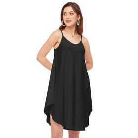 Moomaya Rayon Boho Omuz Askılı Yuvarlak Yaka Asimetrik Siyah Kadın Elbise