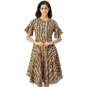 Moomaya Rayon Flare Baskılı Regular Fit Siyah Bej Kadın Elbise
