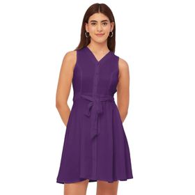 Moomaya Rayon Flare V Yaka Fit Mor Kadın Elbise