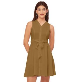 Moomaya Rayon Flare V Yaka Fit Sarı Mustard Kadın Elbise
