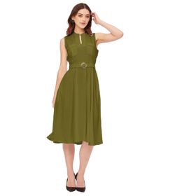 Moomaya Rayon Mandarin Yaka Zarif Kloş Yeşil Olive Green Kadın Elbise