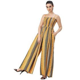 Moomaya Rayon Omuz Askıları Tam Bacak Baskılı Şık Sarı Yeşil Kadın Tulum