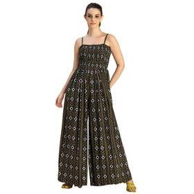 Moomaya Rayon Omuz Askıları Tam Bacak Baskılı Şık Siyah Kadın Tulum