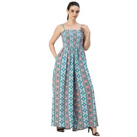 Moomaya Rayon Omuz Askıları Tam Bacak Baskılı Şık Turkuaz Kadın Tulum