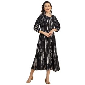 Moomaya Rayon Raglan Kollu Baskılı Katmanlı Siyah Kadın Elbise