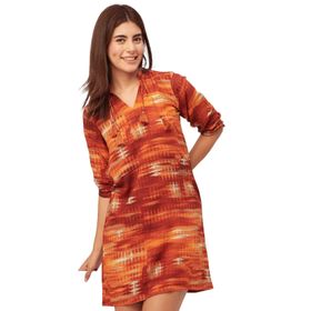 Moomaya Rayon Reglan Kollar Bant Yaka Baskılı Kahverengi Kadın Elbise
