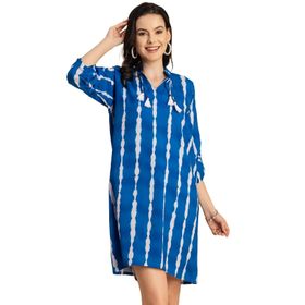 Moomaya Rayon Reglan Kollar Bant Yaka Baskılı Mavi Kadın Elbise