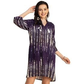 Moomaya Rayon Reglan Kollar Bant Yaka Baskılı Mor Kadın Elbise