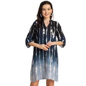 Moomaya Rayon Reglan Kollar Bant Yaka Baskılı Tozlu Mavi Kadın Elbise