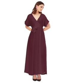 Moomaya Rayon Solid Dar Kesim V Yaka Bordo Kadın Elbise
