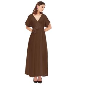 Moomaya Rayon Solid Dar Kesim V Yaka Kahverengi Kadın Elbise