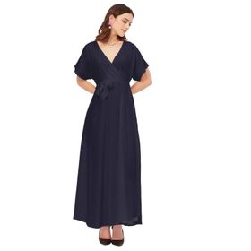 Moomaya Rayon Solid Dar Kesim V Yaka Mavi Kadın Elbise