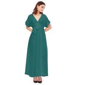 Moomaya Rayon Solid Dar Kesim V Yaka Sümüklü Yeşil Kadın Elbise