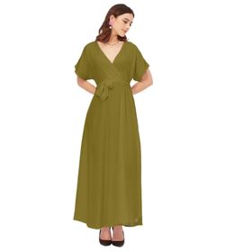 Moomaya Rayon Solid Dar Kesim V Yaka Yeşil Olive Green Kadın Elbise
